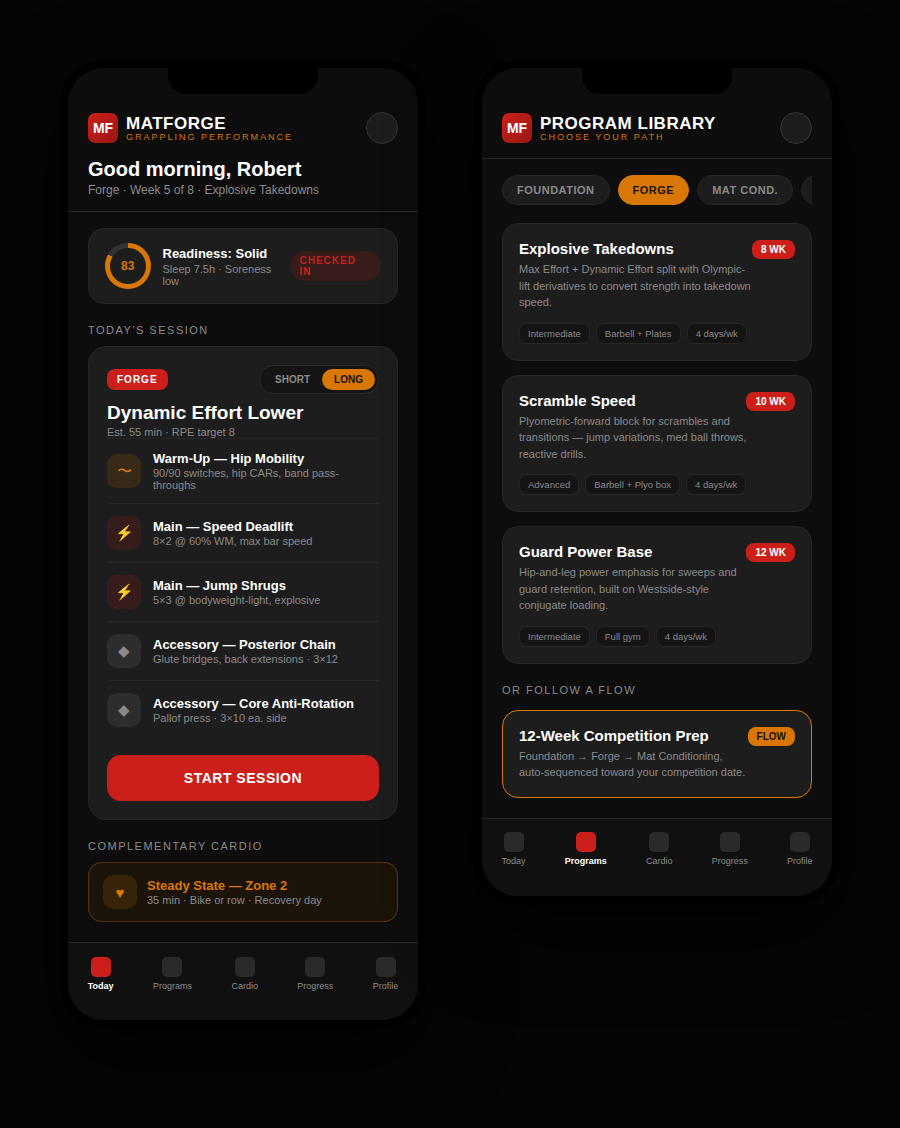 MatStrength app — today's session and the program library